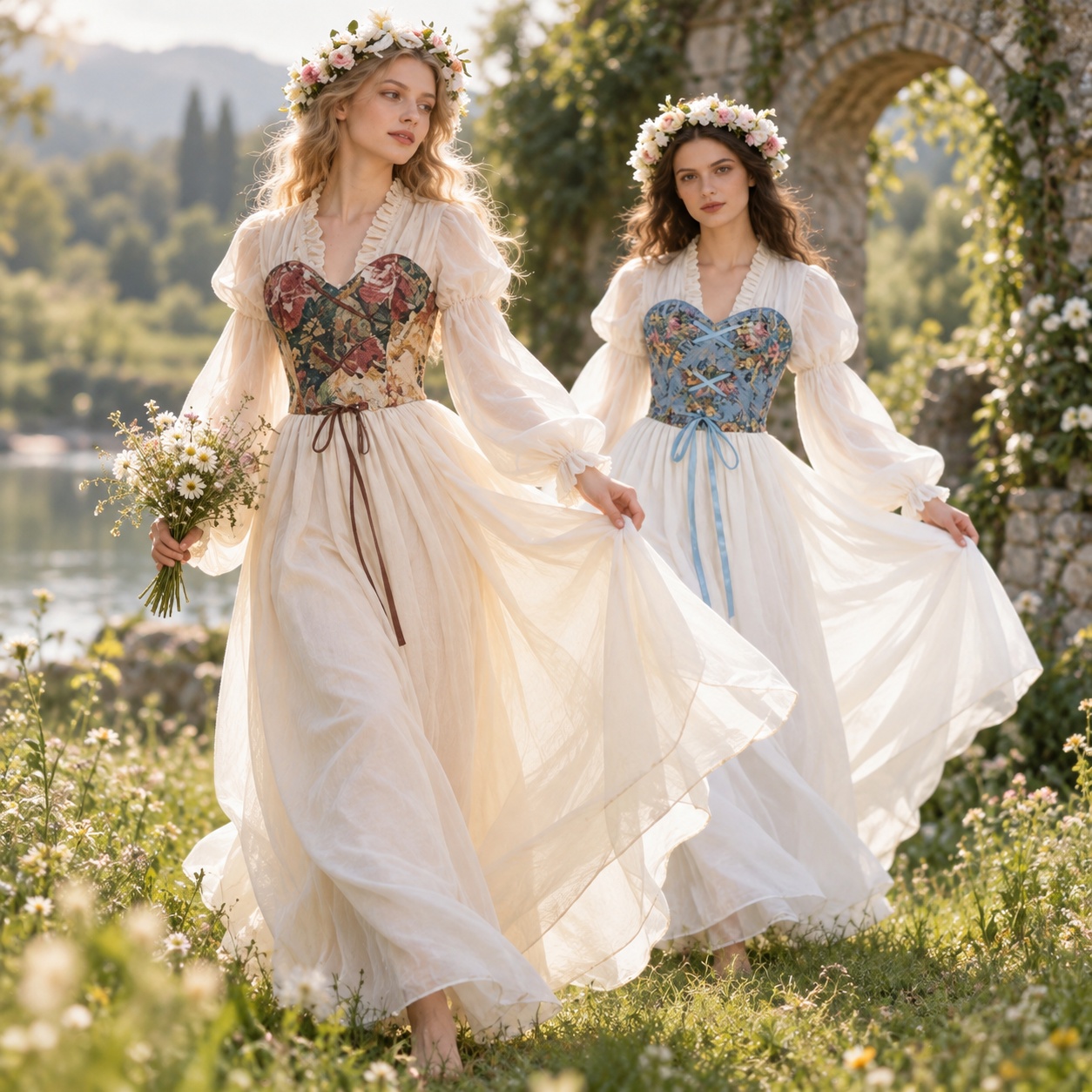 Medieval Renaissance Dress Women - 르네상스 스타일의 코르셋 허리 장식 드레스,
